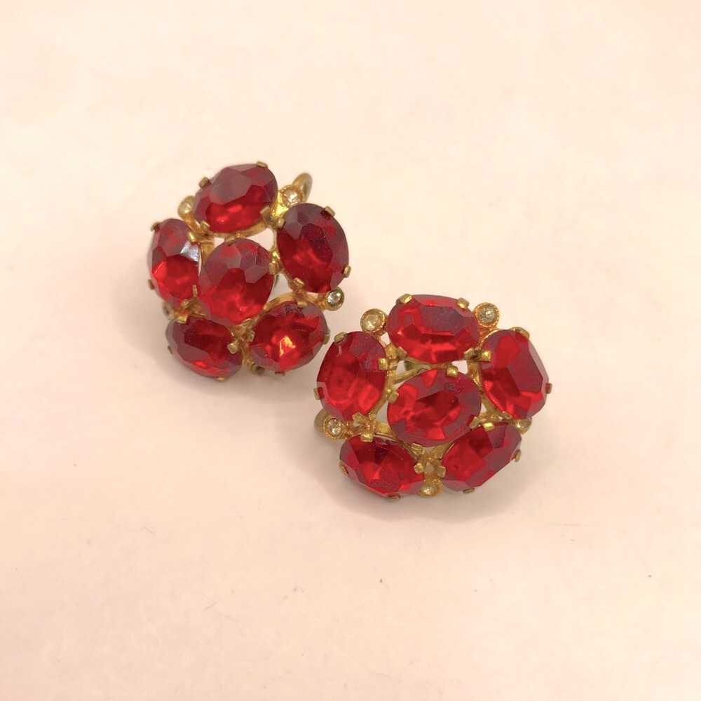 Vintage Signed Czechoslovakia Red Glass Screw Back Earrings